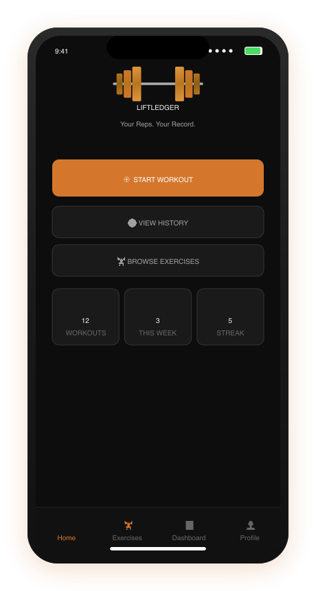 LiftLedger app screenshot showing home screen with workout logging, history, and exercise browsing